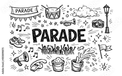 Hand-drawn doodle illustration of a festive parade with music, crowds, and celebratory elements