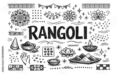 Hand-drawn Rangoli elements and decorative motifs in black and white sketch style