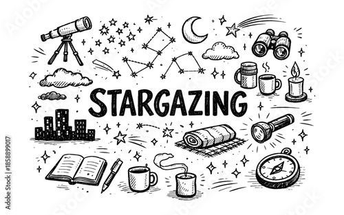 Hand-drawn illustration of stargazing essentials and celestial elements with the word stargazing