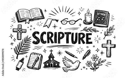 Doodle art celebrating scripture with religious symbols and text