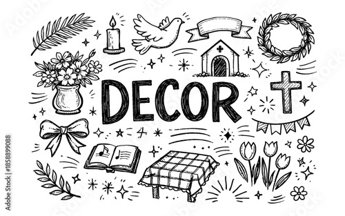 Hand-drawn doodle art with the word DECOR and various religious and celebratory symbols