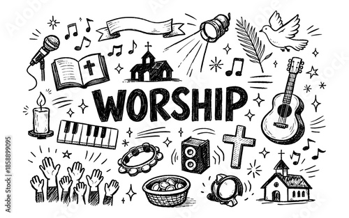 Doodle art celebrating worship with religious symbols and musical instruments