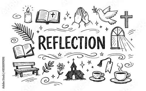 Doodle collection of religious symbols and elements for reflection and contemplation