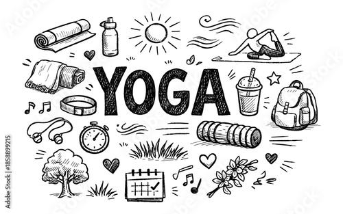 Hand drawn doodle illustration of yoga and wellness items with the word YOGA