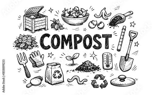 Hand-drawn illustration of composting elements and the word compost