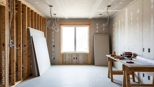Bright unfinished room with wooden framing and plasterboard ready for finish