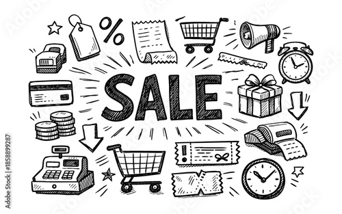Hand-drawn doodle illustration of a sale with shopping cart, gift, and cash register