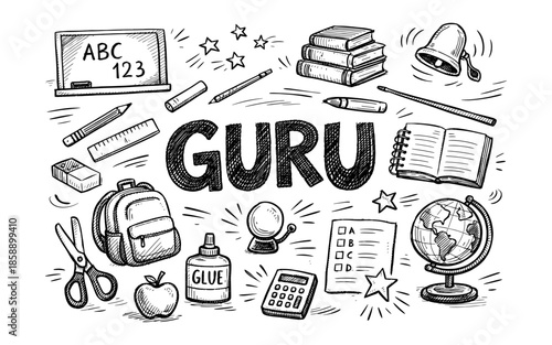 Hand-drawn illustration of school supplies and the word GURU in a doodle style