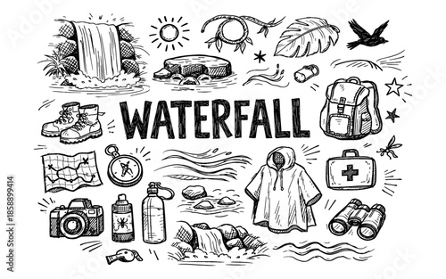 Hand-drawn collection of outdoor adventure and hiking essentials for a waterfall trip