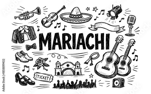 Doodle illustration of mariachi music band elements and instruments