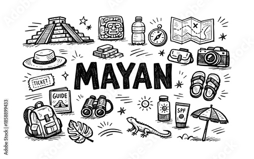 Mayan culture and travel doodles with pyramid, mask, and adventure gear