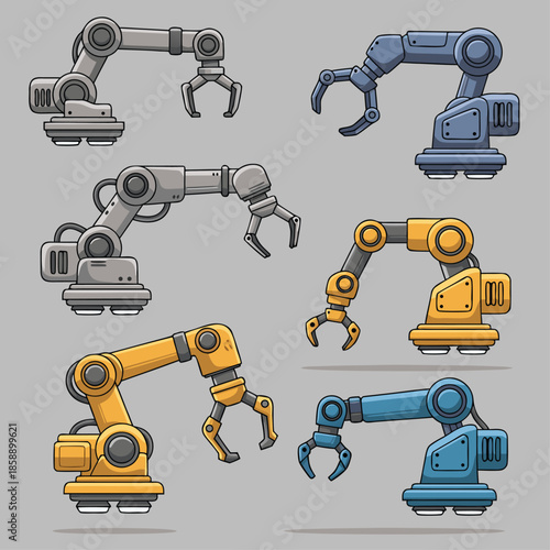 Set of robotic arms in different colors and designs.