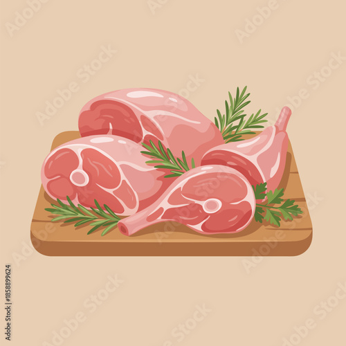 Raw Meat Cuts on Wooden Board with Rosemary.