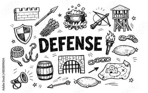 Collection of hand-drawn medieval defense and strategy elements on a white background