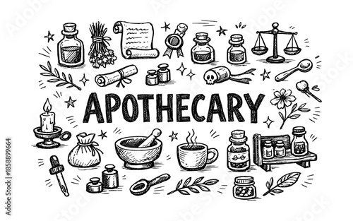 Hand-drawn apothecary illustration with bottles, herbs, and scales