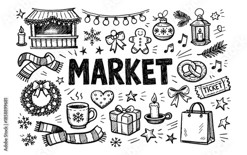 Hand-drawn doodle illustration of a festive market scene with winter elements