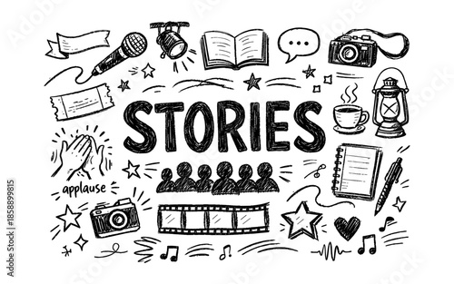 Hand-drawn doodles representing storytelling and creative expression with the word stories