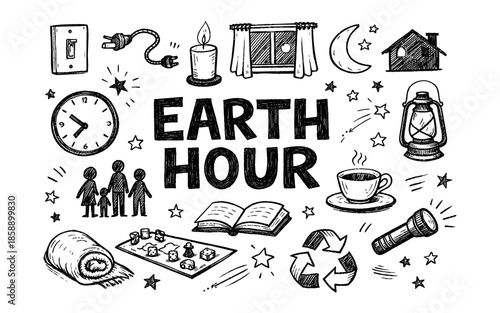 Doodle illustration of Earth Hour activities like turning off lights and spending time together