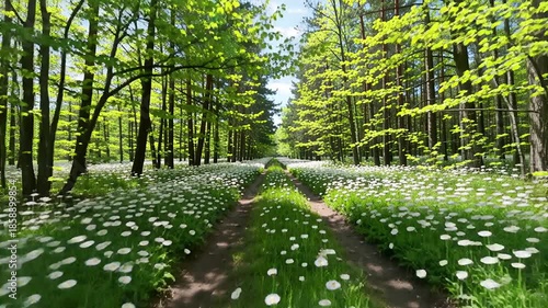 sunlit forest path with white daisies and lush green vegetation | nature, serenity, peace, travel, beauty theme