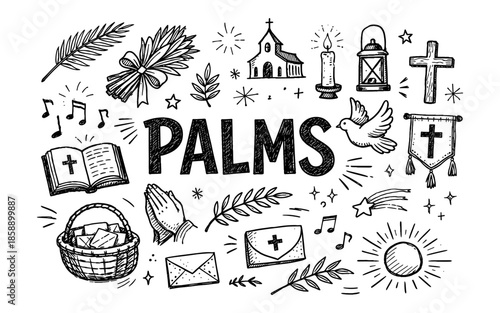 Doodle art celebrating Palm Sunday with religious symbols and text