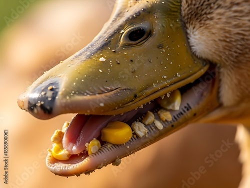 Up-Close View of a Hungry Duck Enjoying a Tasty Meal in the Sunlight