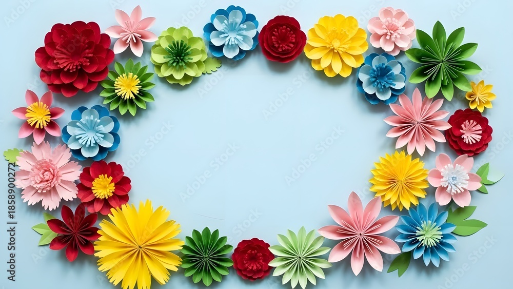 Fototapeta premium Vibrant colorful paper flower wreath on light blue background for decoration