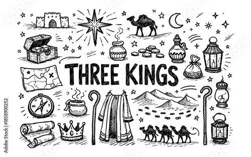 Hand-drawn illustration of the Three Kings journey with symbols of their gifts and travel
