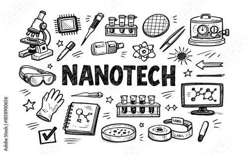 Doodle illustration of nanotechnology equipment and concepts in a playful style