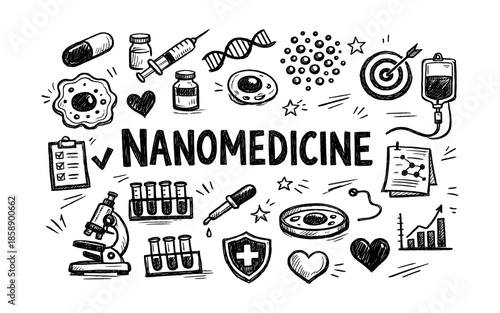 Doodle illustration of nanomedicine concepts with cells, DNA, and medical equipment