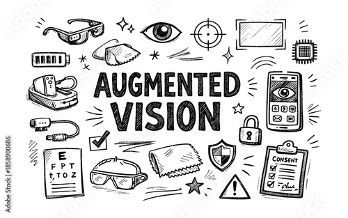 Augmented vision technology and its components illustrated in a doodle style