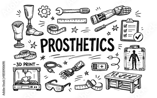 Hand-drawn illustration of prosthetics and related medical technology concepts
