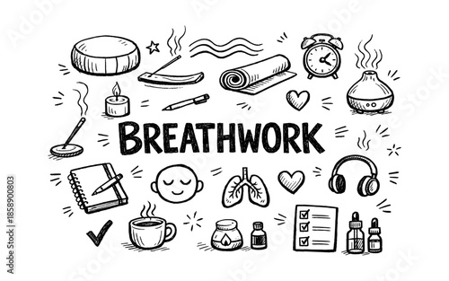 Doodle illustration of breathwork and wellness items for relaxation and self-care