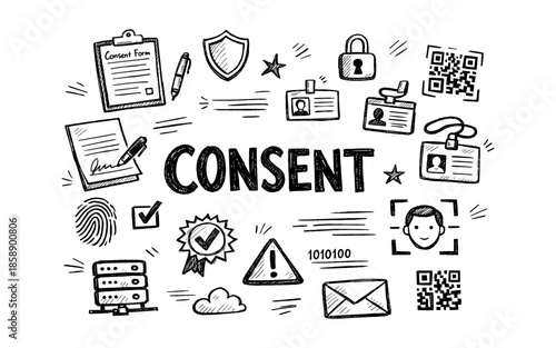 Doodle illustration of consent and data privacy concepts with icons and text
