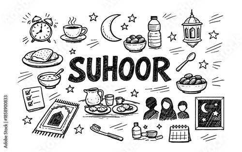 Ramadan Suhoor meal preparation and morning routine illustration