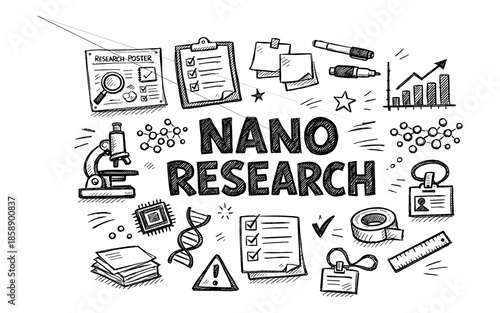 Hand-drawn illustration of nano research elements and text in a doodle style