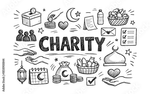 Doodle illustration of charity and donation concepts with Islamic symbols