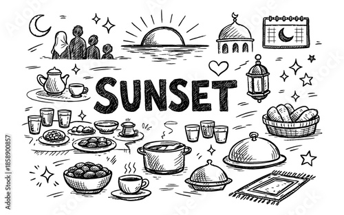 Doodle illustration of a family enjoying a sunset meal with traditional Islamic elements