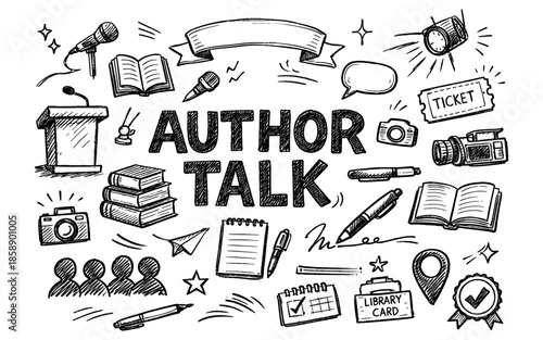 Author talk event with books, microphones, and audience icons in a doodle style