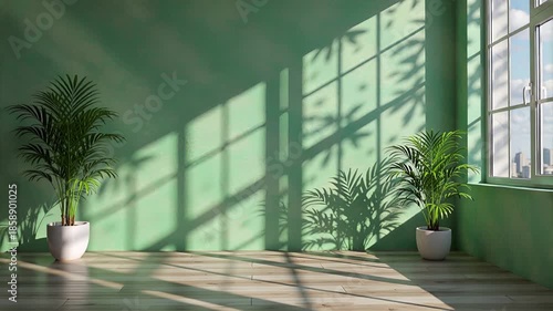 serene room with green walls, potted plants, and sunlight streaming | relaxation, wellness, meditation, home, nature theme