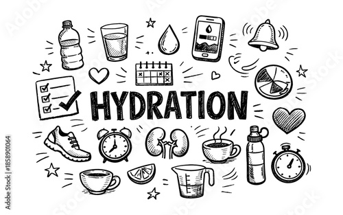 Hydration and healthy lifestyle doodles with icons for wellness and fitness