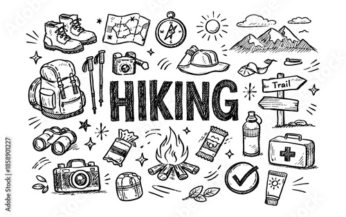 Doodle illustration of hiking essentials and activities for outdoor adventures