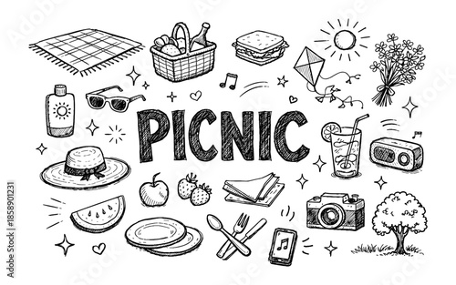 Hand-drawn doodle illustration of picnic essentials and activities for a fun outdoor day