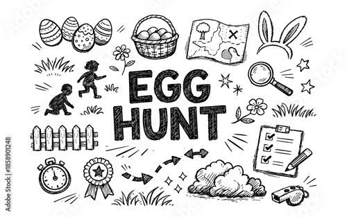 Doodle style illustration of an egg hunt with children, map, basket, and bunny ears