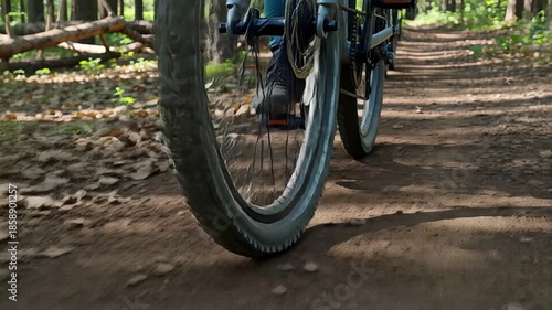 bicycle wheel on dirt path, close up cycling motion and texture detail | fitness, outdoor, travel, sport, wellness theme