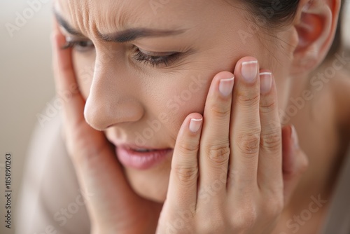 Woman with hand to cheek experiencing toothache or facial pain