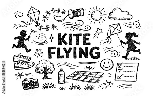 Doodle illustration of children enjoying kite flying on a sunny day outdoors