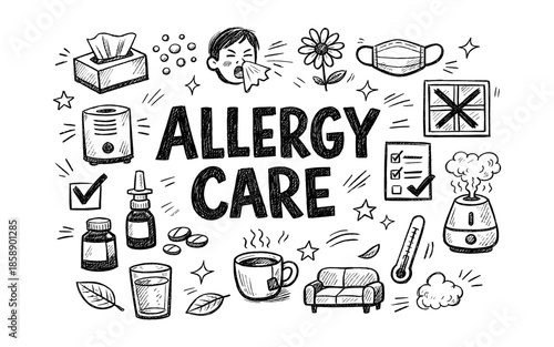 Allergy care doodles showing symptoms and relief methods for health