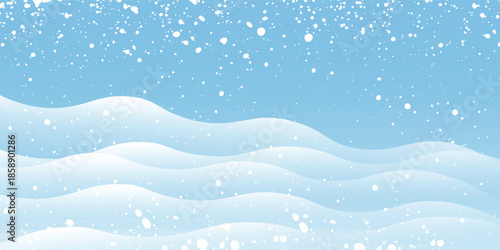 Vector illustration of a peaceful winter landscape with snow-covered houses, pine trees, and falling snowflakes under a clear blue sky. Perfect for Christmas cards and holiday designs.