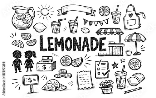 Doodle illustration of a lemonade stand with kids, lemons, and drinks