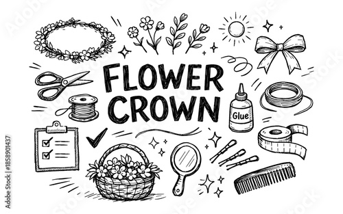 Hand-drawn illustration of flower crown making supplies and elements